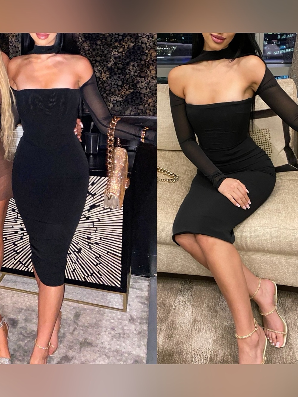 House of CB Black Off-Shoulder Mesh Sleeve Midi Dress